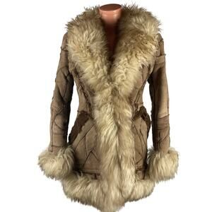 Genuine Shearling Sheepskin Patchwork Leather Coat Jacket Boho fits S